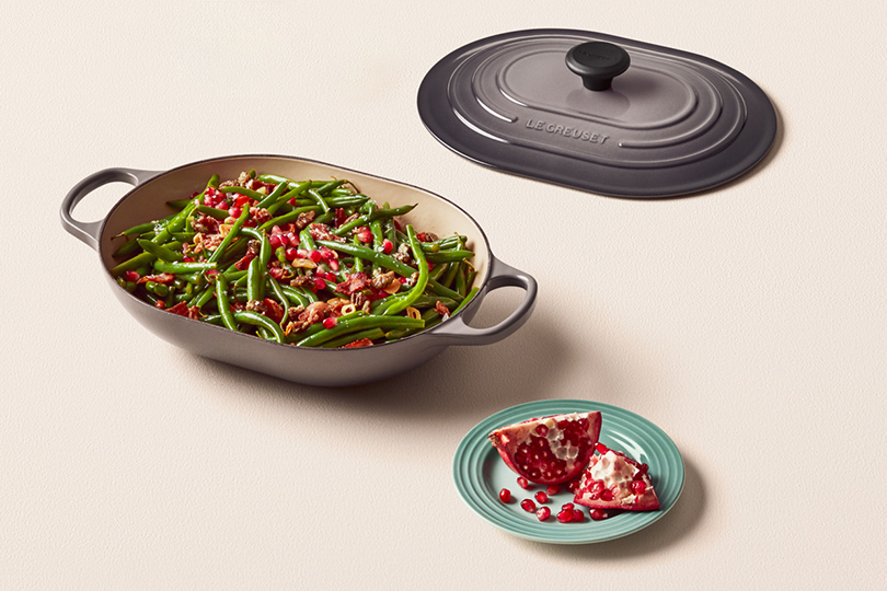 Green Beans with Pomegranate, Sweet-Spicy Pecans and Bacon